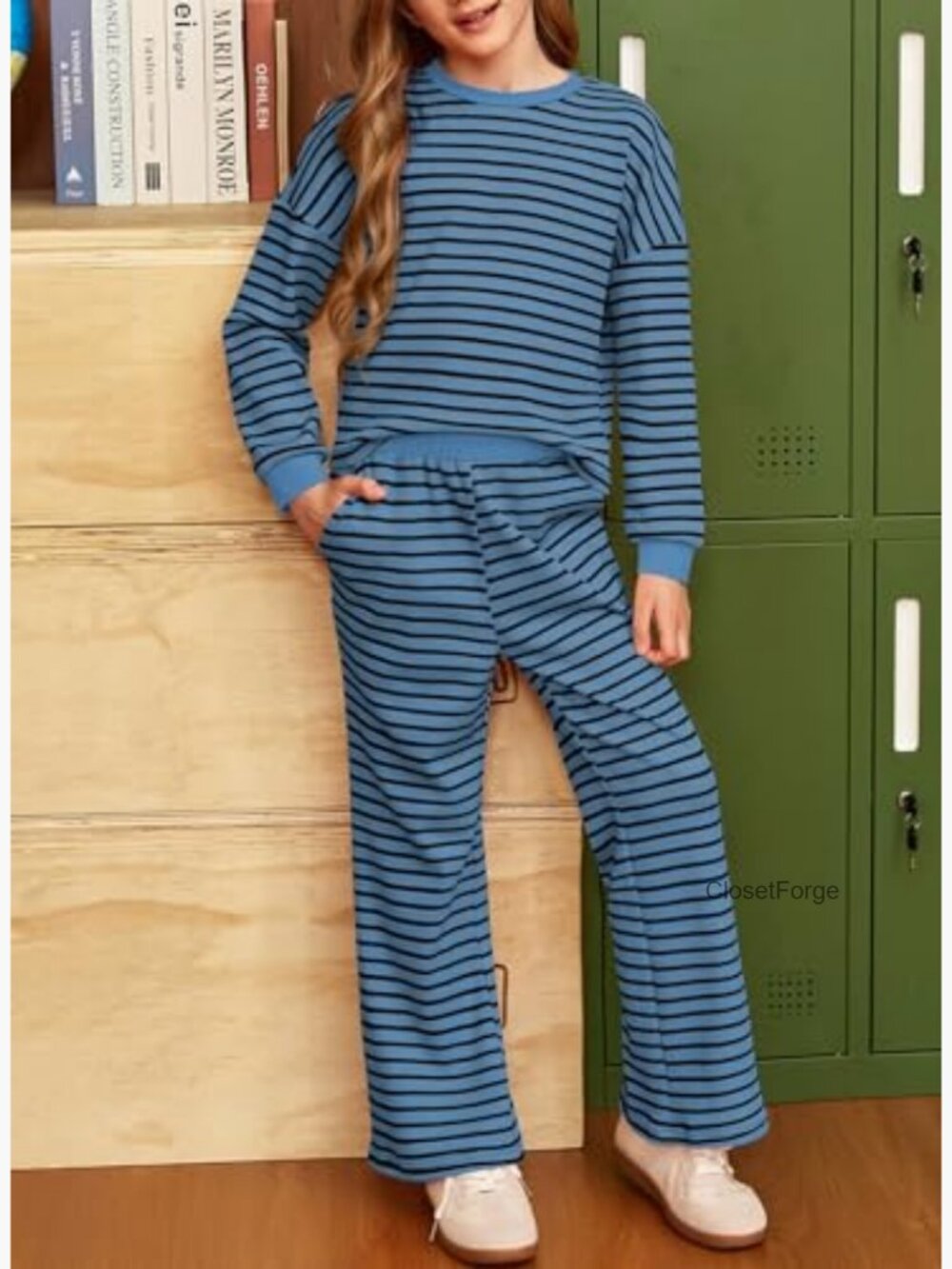 Kids Fall Waffle Long Sleeve Striped Sweatsuit Set Size 6-15 - Picture 5 of 7